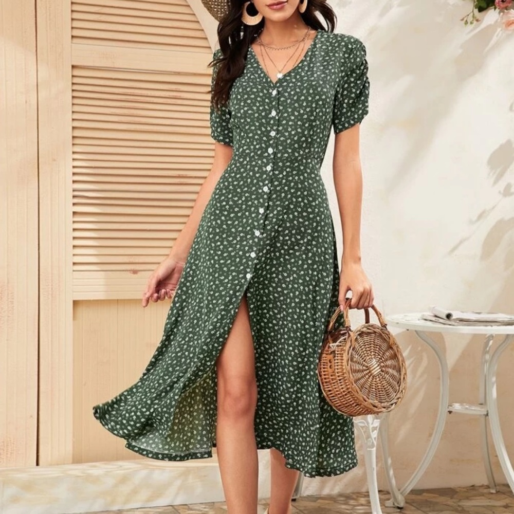 Calf-length green floral dress with buttons